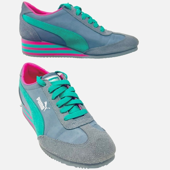Puma women's Caroline gray with pink/teal green stripe wedge sneaker size 6.5 - Picture 1 of 10